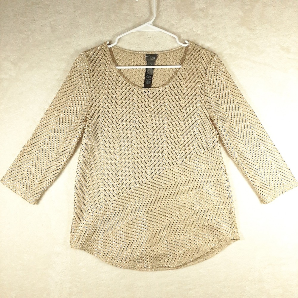 Chicos Travelers Collection Gold Sparkle Chevron Top Size 0 (xs-sm) 3/4 Sleeves